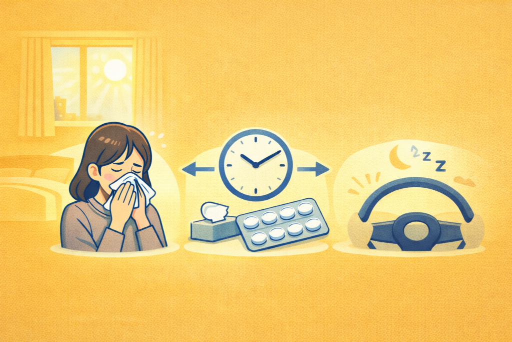 花粉症のくしゃみ・鼻水がひどい朝、抗ヒスタミン薬を飲むタイミングと眠気への影響